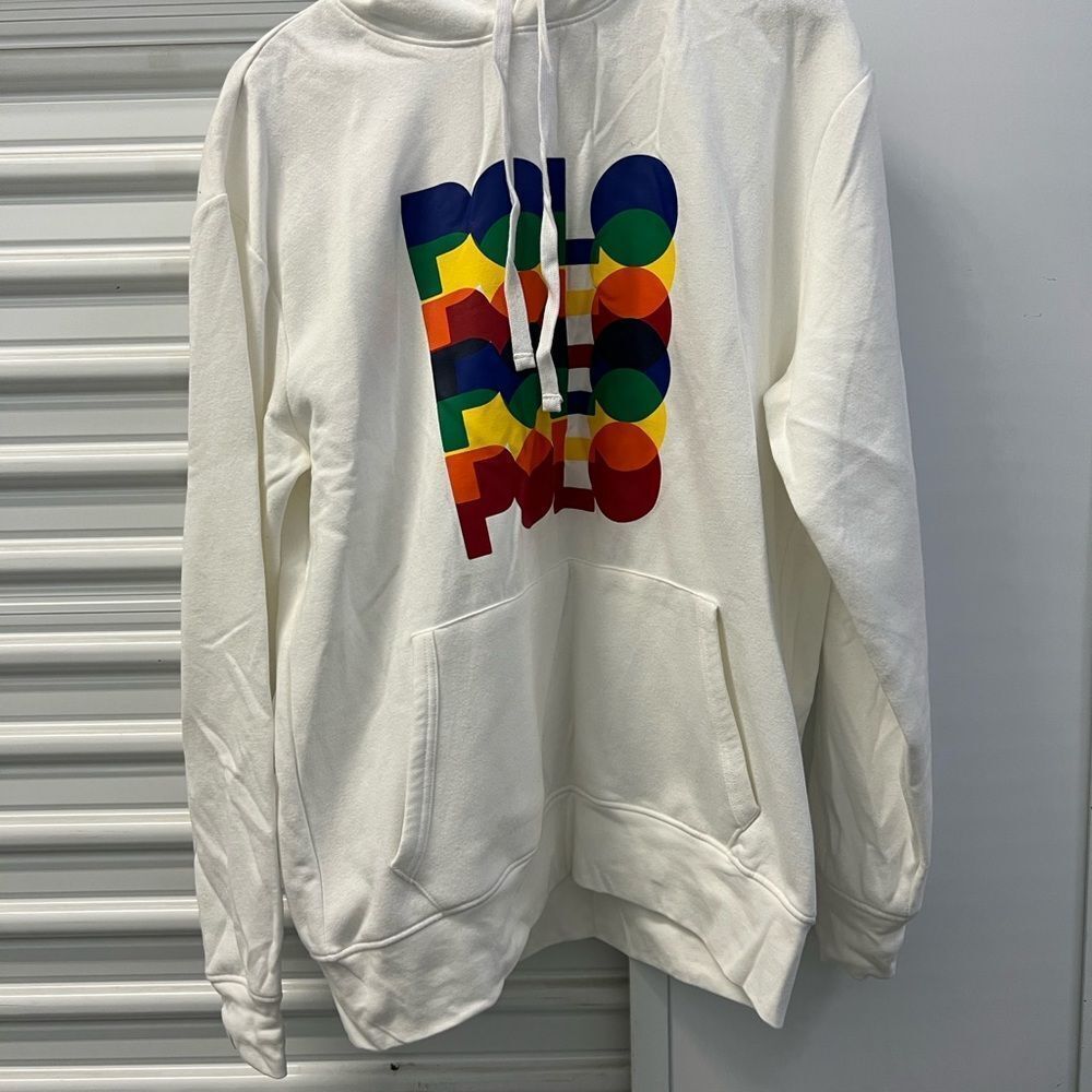 POLO Ralph Lauren White Hoodie with Colorful Logo NEW. Size Large tall